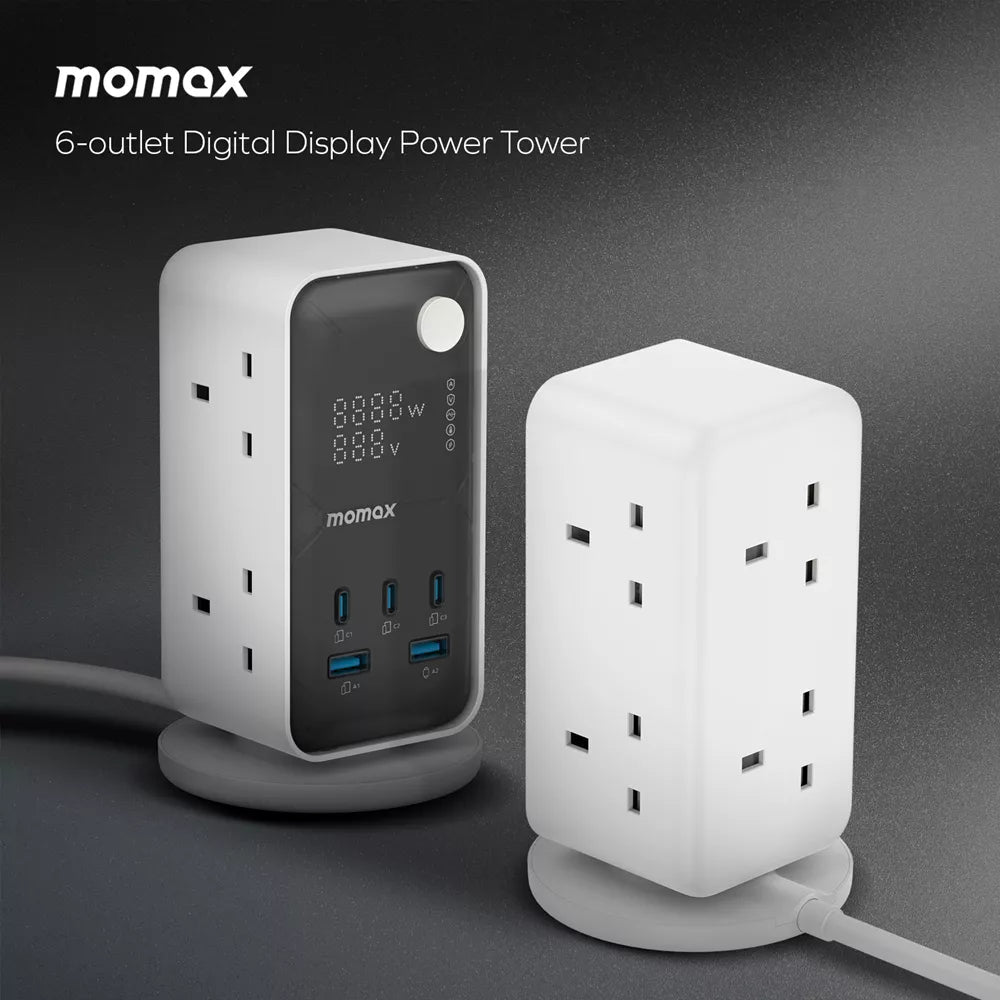 MOMAX 1-CHARGE WORK FLOW 6-OUTLET DIGITAL DISPLAY POWER TOWER WITH USB