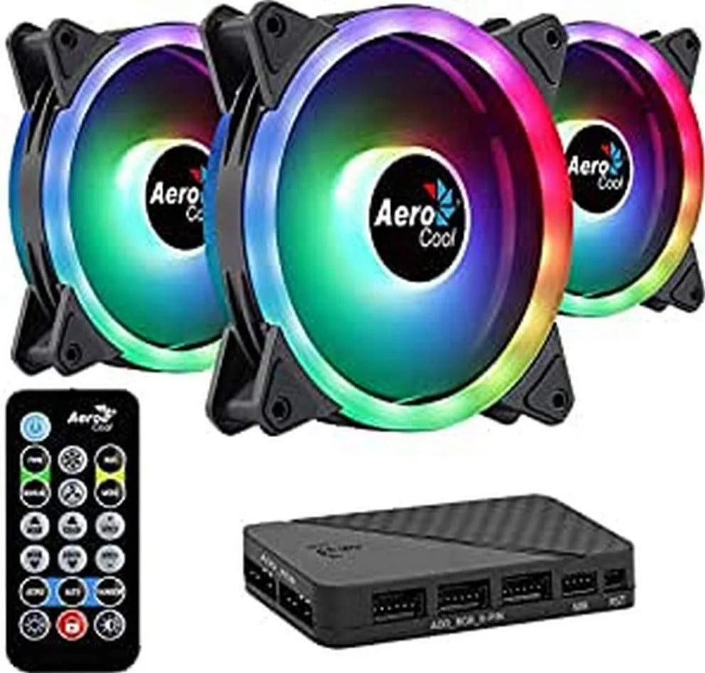 Aerocool Duo 12 Pro Pack – 3 x ARGB Fans 120mm, 1 x H66F RGB Fan Hub, Remote control, Double RGB LED Ring and 18 LEDs, Includes 6-pin connector, Curved Blades and Anti-Vibration Pads, 12v Fan, Black