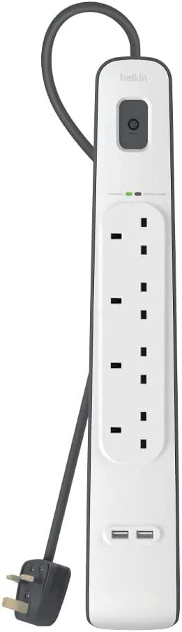 Belkin 4 Way/4 Plug Surge Protection Strip With 2 Meters Cord Length - Heavy Duty Electrical Extension Socket With 2 X 2.4 A Shared USb Ports