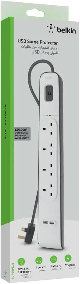 Belkin 4 Way/4 Plug Surge Protection Strip With 2 Meters Cord Length - Heavy Duty Electrical Extension Socket With 2 X 2.4 A Shared USb Ports