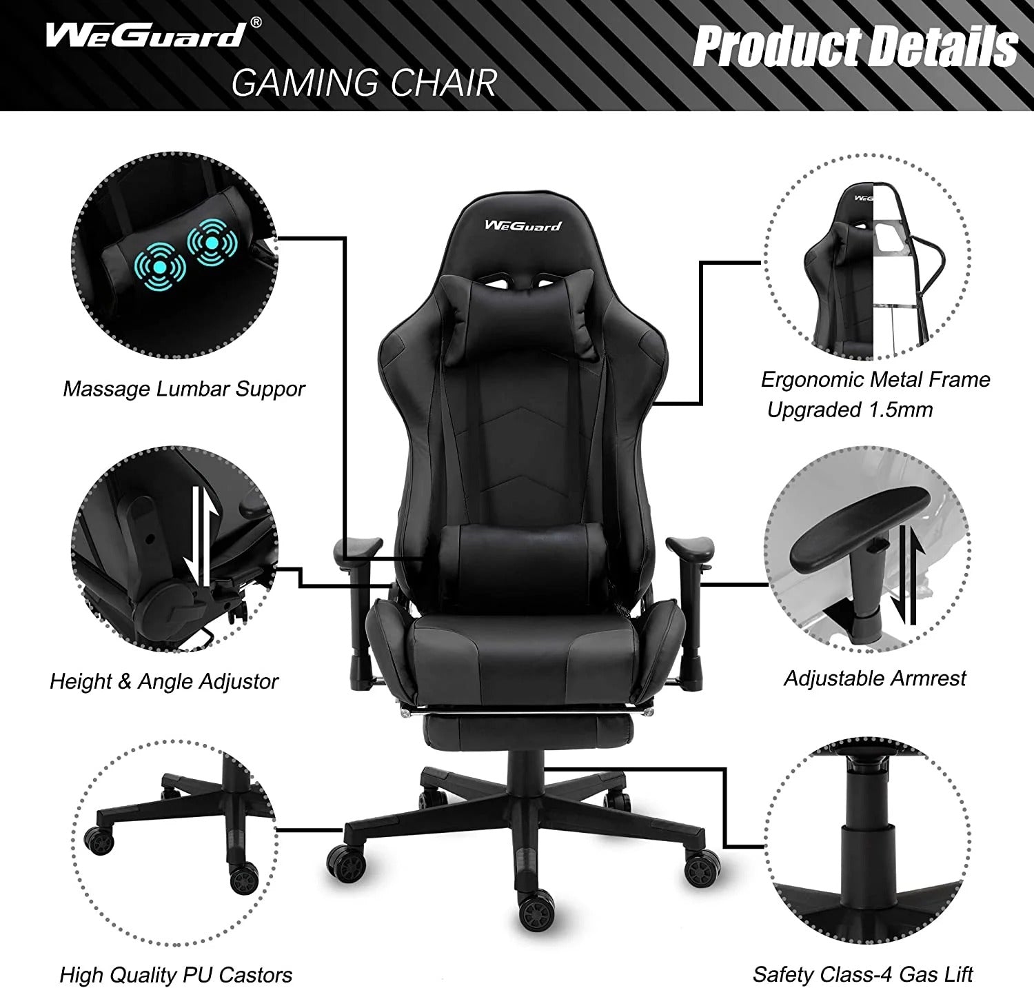 GAMER Massage Gaming Chair Racing Office Computer Game-Black