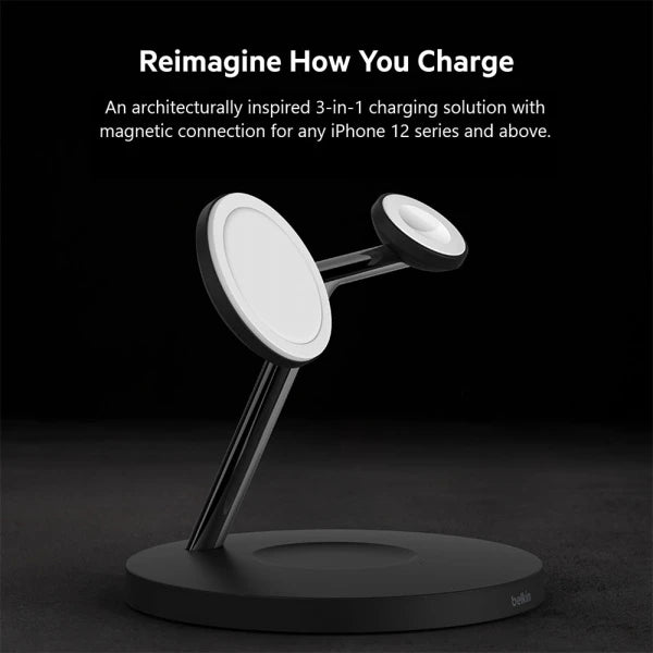 Belkin BoostCharge PRO MagSafe 3-in-1 Wireless Charger with 3-Pin UK Power Supply Unit