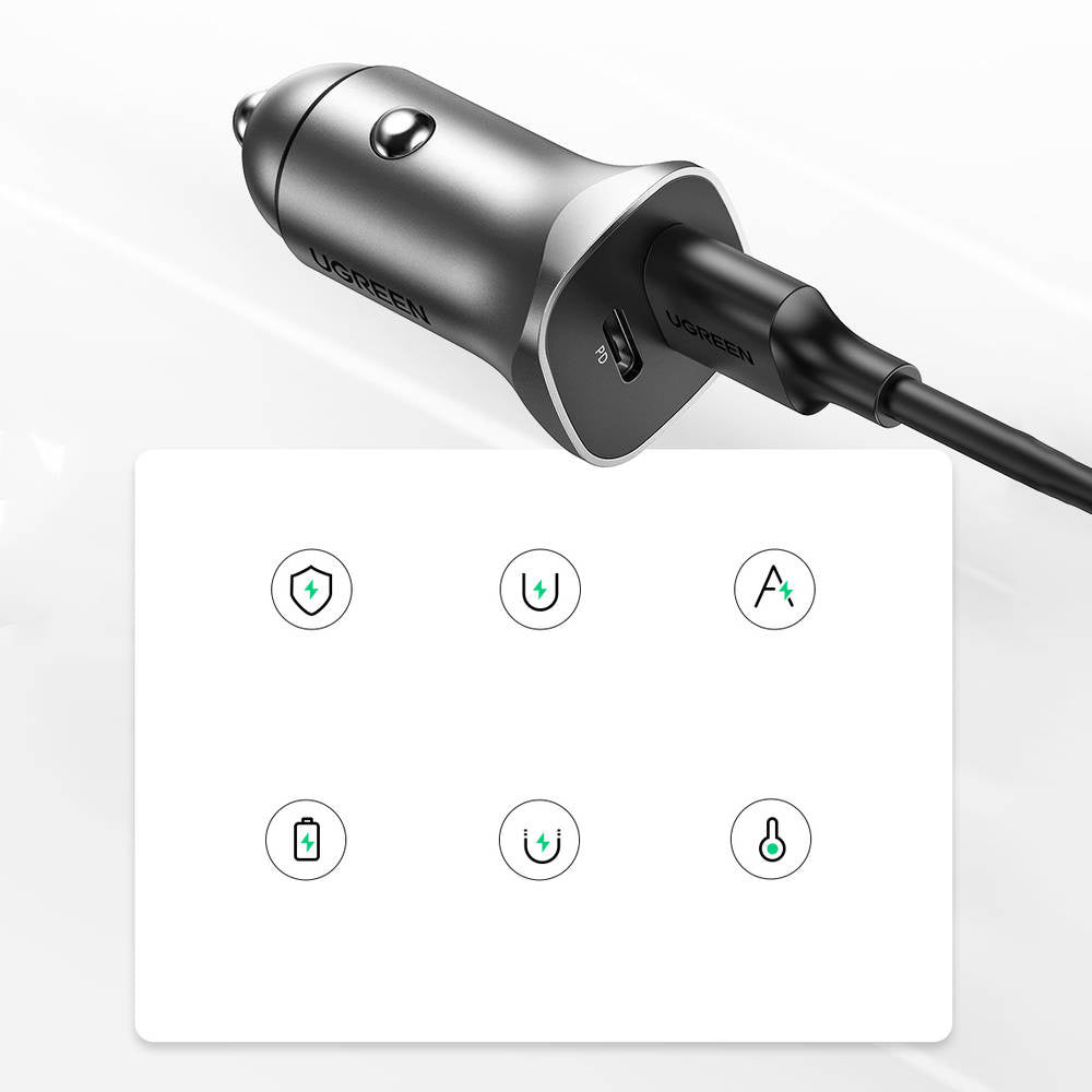 UGREEN Car Charger USB Type C / USB 24W Power Delivery Quick Charge Grey