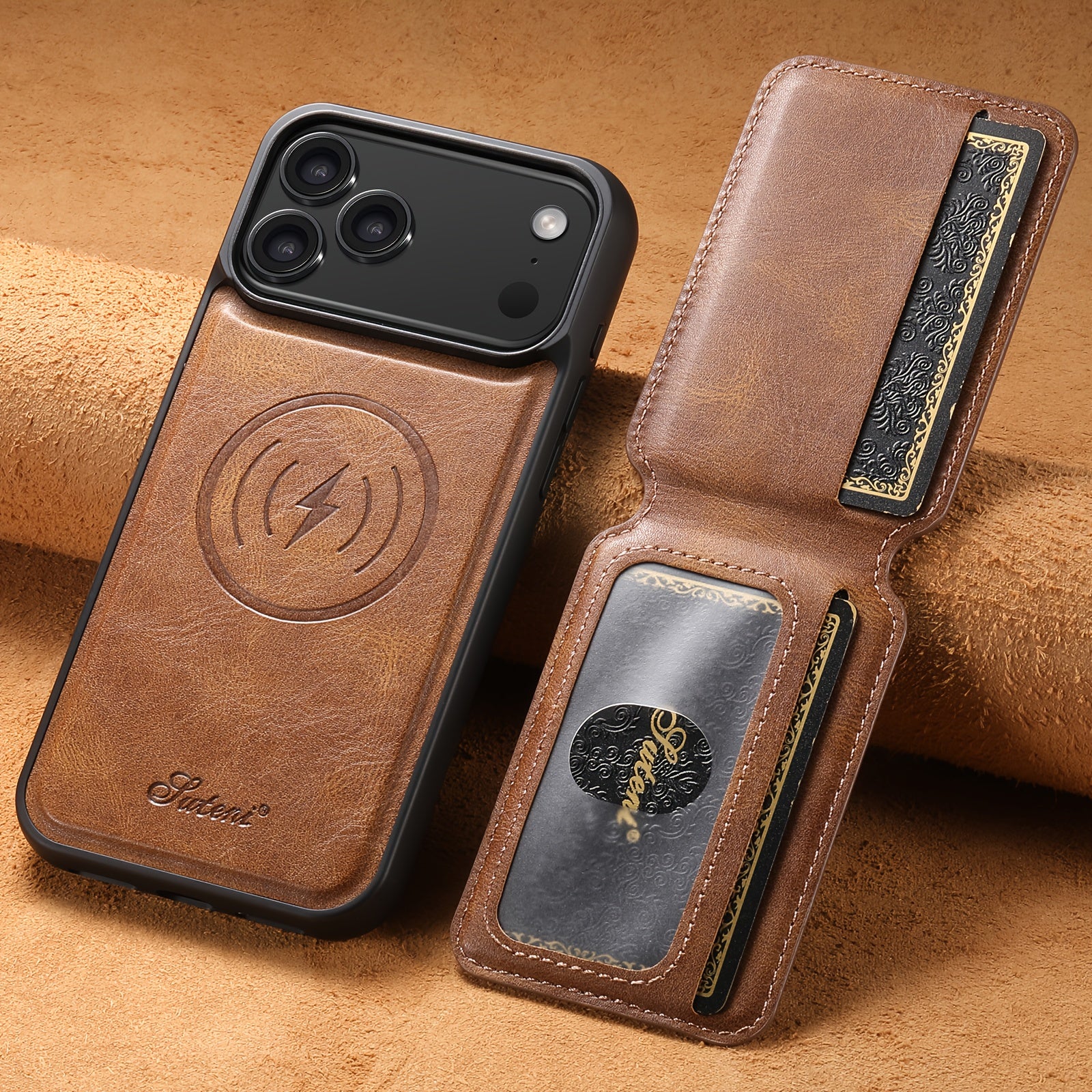 SUTENI Luxe Leather MagSafe Case Wireless Charge Card Holder Stand