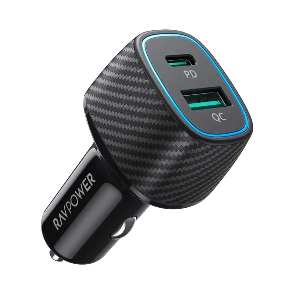 RAVPower RP-VC009 60W Dual Port Car Charger – QC24W + PD36W, Black