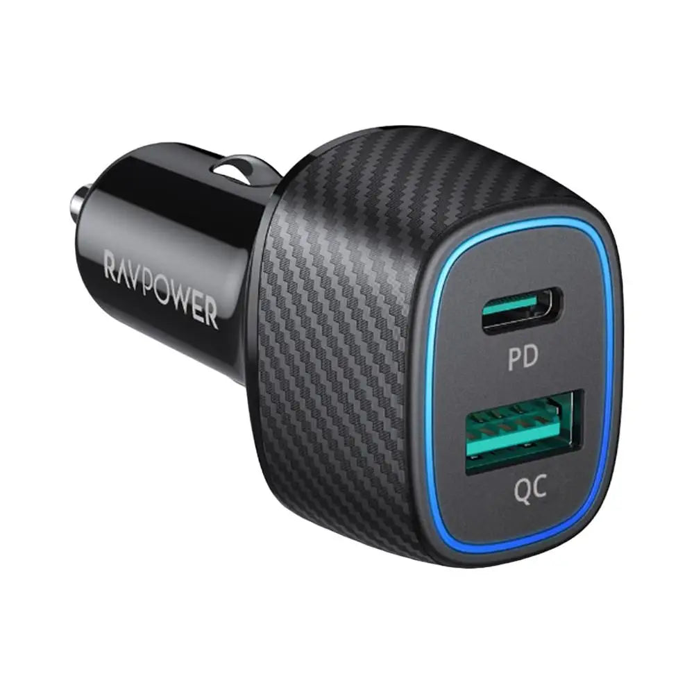 RAVPower RP-VC009 60W Dual Port Car Charger – QC24W + PD36W, Black