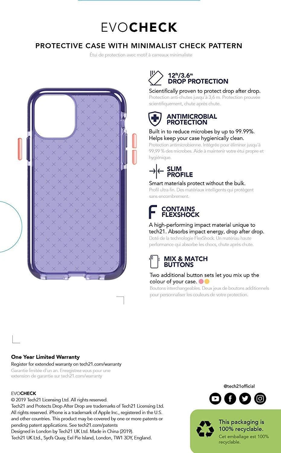 tech21 Evo Check for Apple iPhone 11 Pro Max - Germ Fighting Antimicrobial Phone
