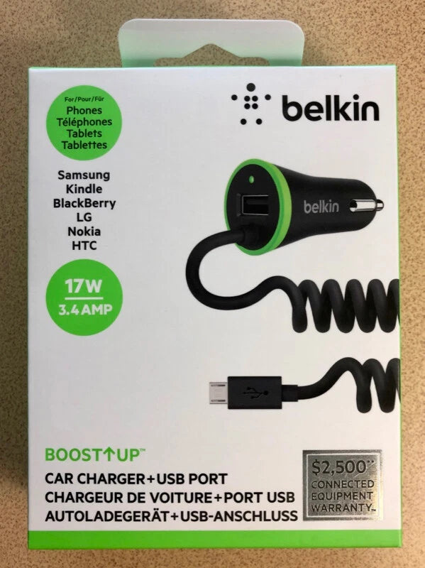 Belkin Boost-Up Micro USB Car Charger w/USB Port Black 17 Watt 3.4 Amp