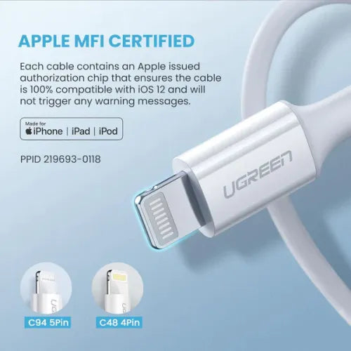 UGREEN USB-C to Lightning M/M Cable Rubber Shell 1m White